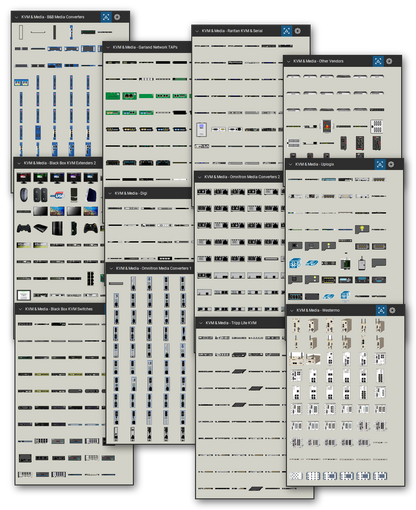 KVM, console server and media converter equipment library for Bluebeam Revu: 2,448 tools in 18 tool sets - KVM switches and extenders, console servers, media converters, and network TAPs. Collage of Tool Chest cards in Symbol view.