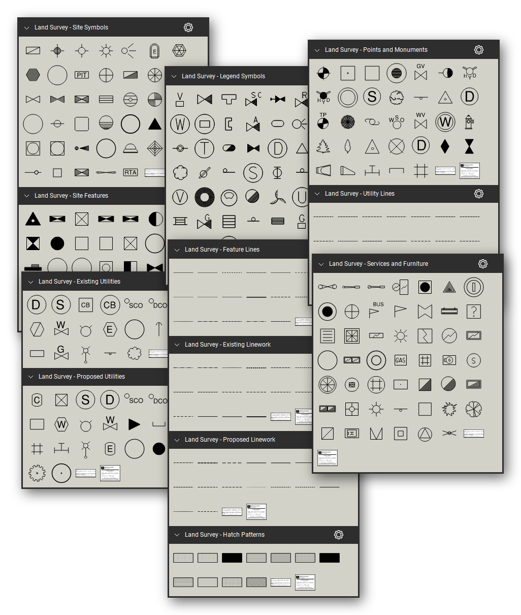 Land survey and site plan markups for Bluebeam Revu: 338 tools in 12 tool sets - site symbols, site features, services and street furniture, survey legend symbols, existing and proposed utilities, survey points and monuments, lettered utility lines, feature lines, existing and proposed linework and hatch patterns - in black and redline.