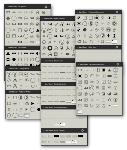 Land survey and site plan markups for Bluebeam Revu: 338 tools in 12 tool sets - site symbols, site features, services and street furniture, survey legend symbols, existing and proposed utilities, survey points and monuments, lettered utility lines, feature lines, existing and proposed linework and hatch patterns - in black and redline.
