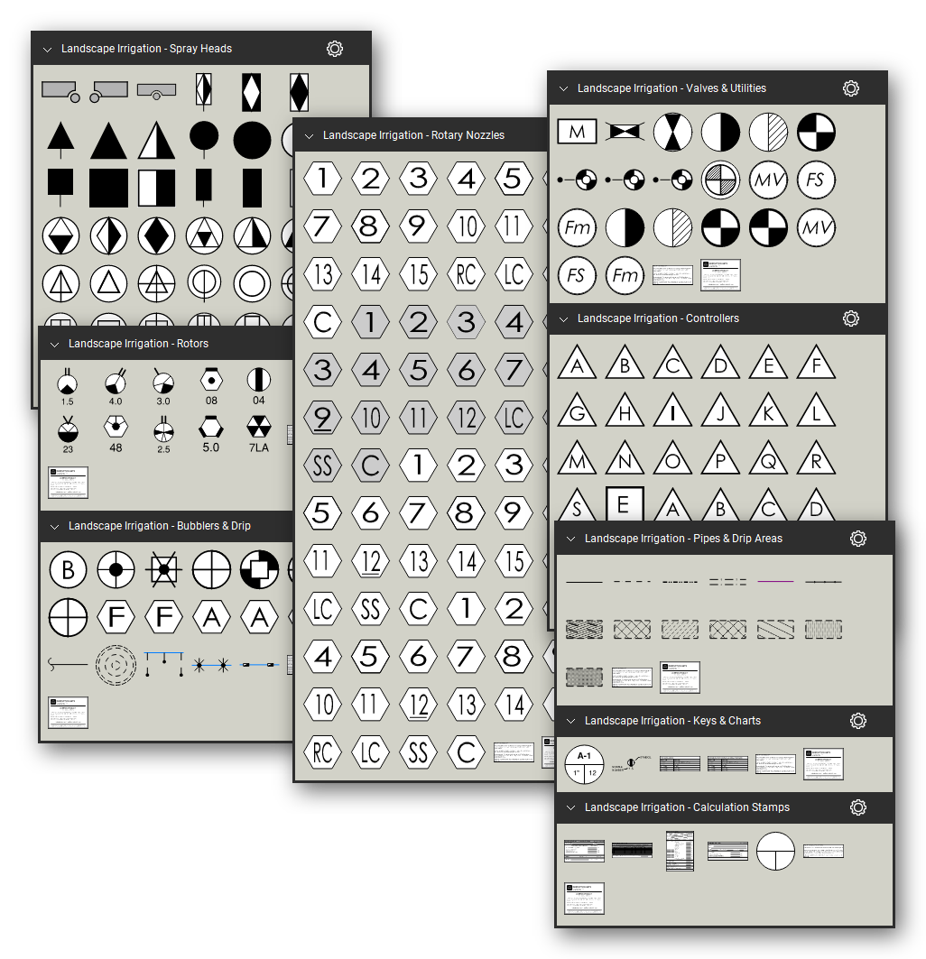 Irrigation plan symbol library for Bluebeam Revu: 212 tools in 9 tool sets - spray heads, rotary nozzles, rotors, bubblers and drip, valves and utilities, controllers, pipe lines with their line styles, dripline areas with hatch patterns, keys and charts, and interactive calculation stamps - in black and redline.