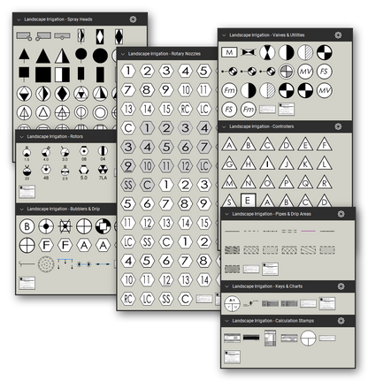 Irrigation plan symbol library for Bluebeam Revu: 212 tools in 9 tool sets - spray heads, rotary nozzles, rotors, bubblers and drip, valves and utilities, controllers, pipe lines with their line styles, dripline areas with hatch patterns, keys and charts, and interactive calculation stamps - in black and redline.