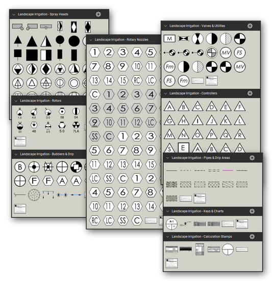 Irrigation plan symbol library for Bluebeam Revu: 212 tools in 9 tool sets - spray heads, rotary nozzles, rotors, bubblers and drip, valves and utilities, controllers, pipe lines with their line styles, dripline areas with hatch patterns, keys and charts, and interactive calculation stamps - in black and redline.