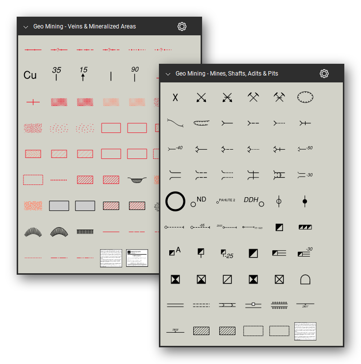 Mining and mineral exploration map symbols for Bluebeam Revu: 110 tools in 2 tool sets following the FGDC Digital Cartographic Standard for Geologic Map Symbolization (FGDC-STD-013-2006) - veins, mineralized and disturbed areas, mines, shafts, adits, pits, quarries and prospects. Collage of Tool Chest cards in Symbol view.