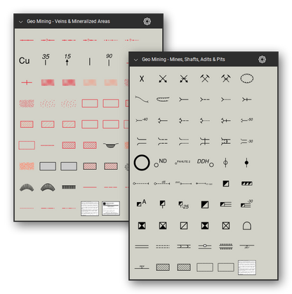 Mining and mineral exploration map symbols for Bluebeam Revu: 110 tools in 2 tool sets following the FGDC Digital Cartographic Standard for Geologic Map Symbolization (FGDC-STD-013-2006) - veins, mineralized and disturbed areas, mines, shafts, adits, pits, quarries and prospects. Collage of Tool Chest cards in Symbol view.