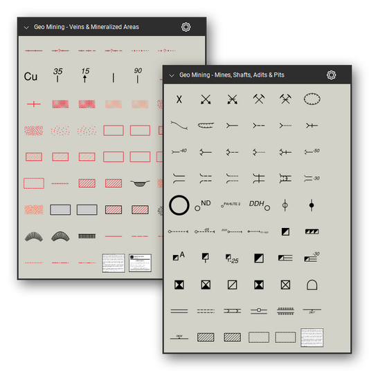 Mining and mineral exploration map symbols for Bluebeam Revu: 110 tools in 2 tool sets following widely used geologic mapping conventions - veins, mineralized and disturbed areas, mines, shafts, adits, pits, quarries and prospects. Collage of Tool Chest cards in Symbol view.