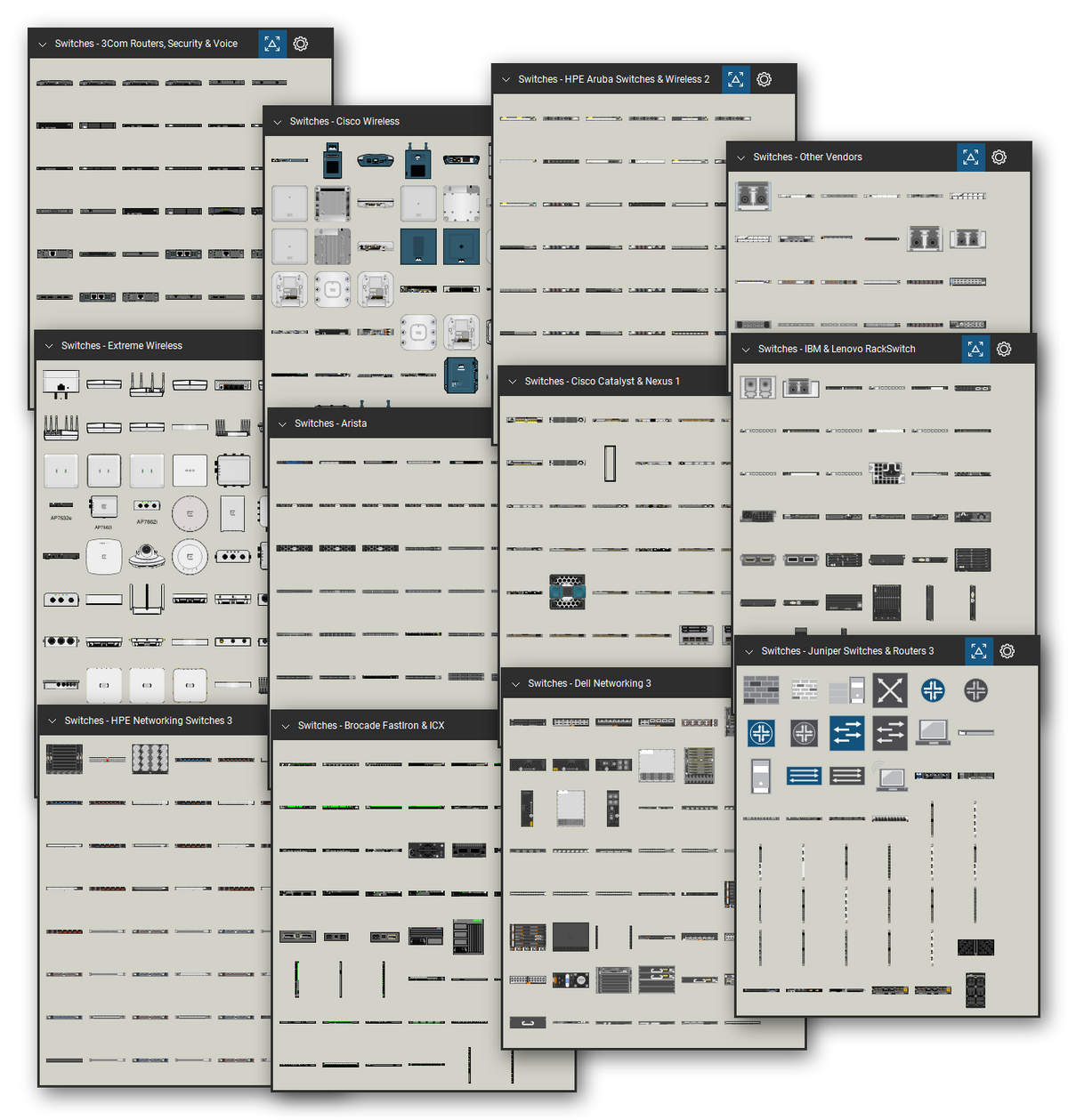 Network equipment library for Bluebeam Revu: 6,628 tools in 37 tool sets - PoE and chassis switches, routers, wireless controllers and access points, modules, and transceivers. Collage of Tool Chest cards in Symbol view.
