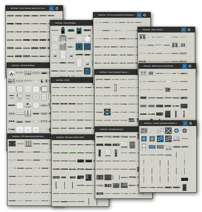 Network equipment library for Bluebeam Revu: 6,628 tools in 37 tool sets - PoE and chassis switches, routers, wireless controllers and access points, modules, and transceivers. Collage of Tool Chest cards in Symbol view.