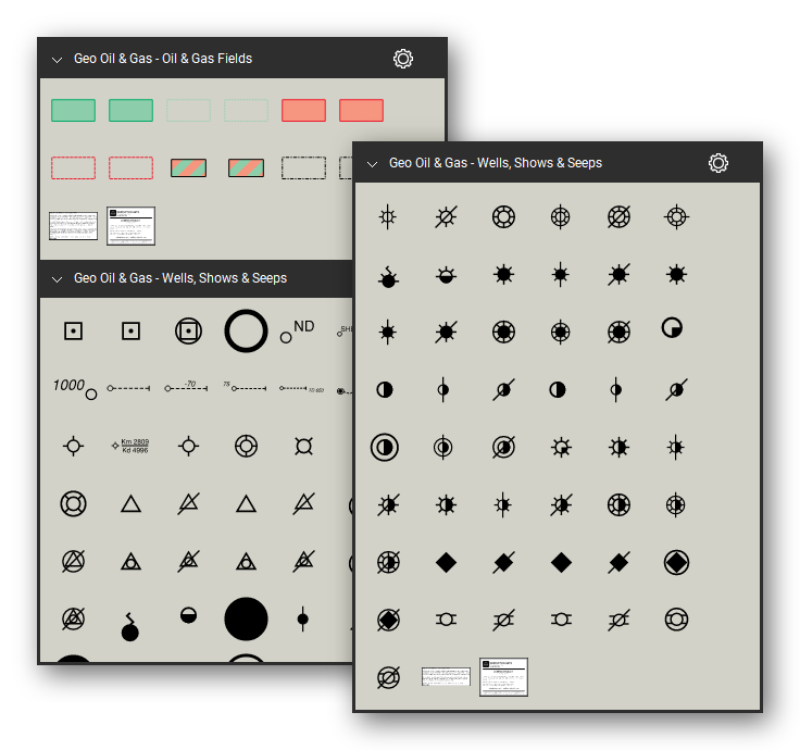 Oil and gas map symbols for Bluebeam Revu: 109 tools in 2 tool sets following the FGDC Digital Cartographic Standard for Geologic Map Symbolization (FGDC-STD-013-2006) - oil and gas fields, wells, shows, seeps and dry holes. Collage of Tool Chest cards in Symbol view.