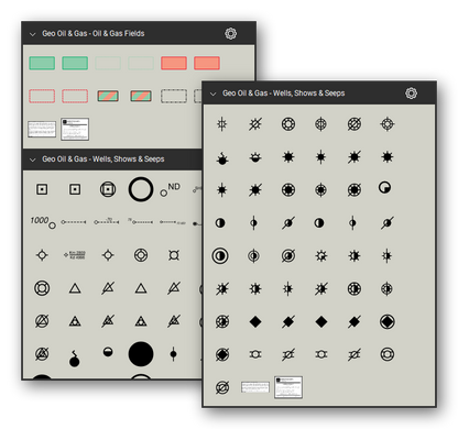 Oil and gas map symbols for Bluebeam Revu: 109 tools in 2 tool sets following the FGDC Digital Cartographic Standard for Geologic Map Symbolization (FGDC-STD-013-2006) - oil and gas fields, wells, shows, seeps and dry holes. Collage of Tool Chest cards in Symbol view.