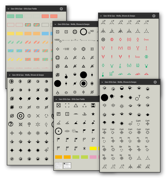 Oil and gas map symbols for Bluebeam Revu: 360 tools in 2 tool sets following widely used geologic mapping conventions - oil and gas fields, prospects, fluid contacts, well status, shows, seeps and offshore structures. Collage of Tool Chest cards in Symbol view.