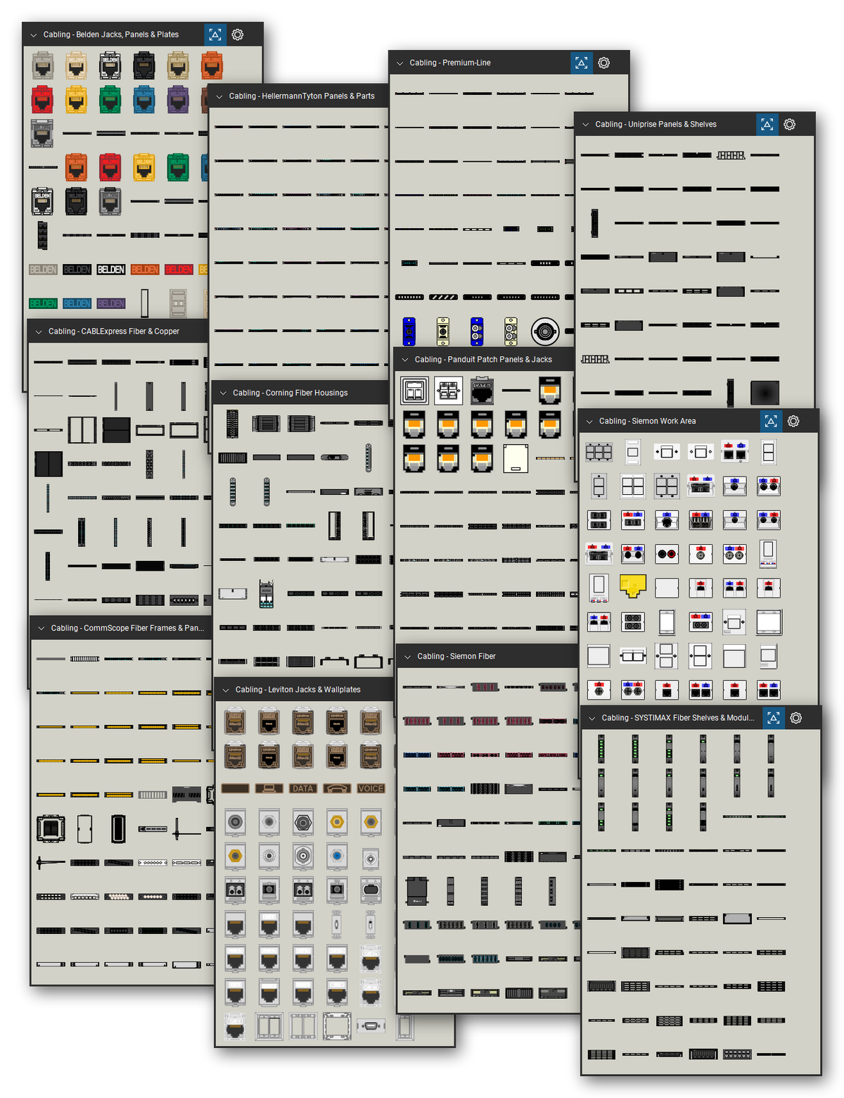 Structured cabling components library for Bluebeam Revu: 2,908 tools in 24 tool sets - copper patch panels, fiber enclosures and cassettes, distribution frames, punch-down blocks, jacks, and faceplates. Collage of Tool Chest cards in Symbol view.