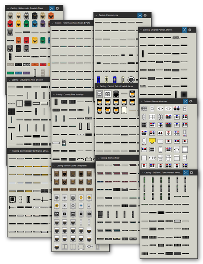 Structured cabling components library for Bluebeam Revu: 2,908 tools in 24 tool sets - copper patch panels, fiber enclosures and cassettes, distribution frames, punch-down blocks, jacks, and faceplates. Collage of Tool Chest cards in Symbol view.