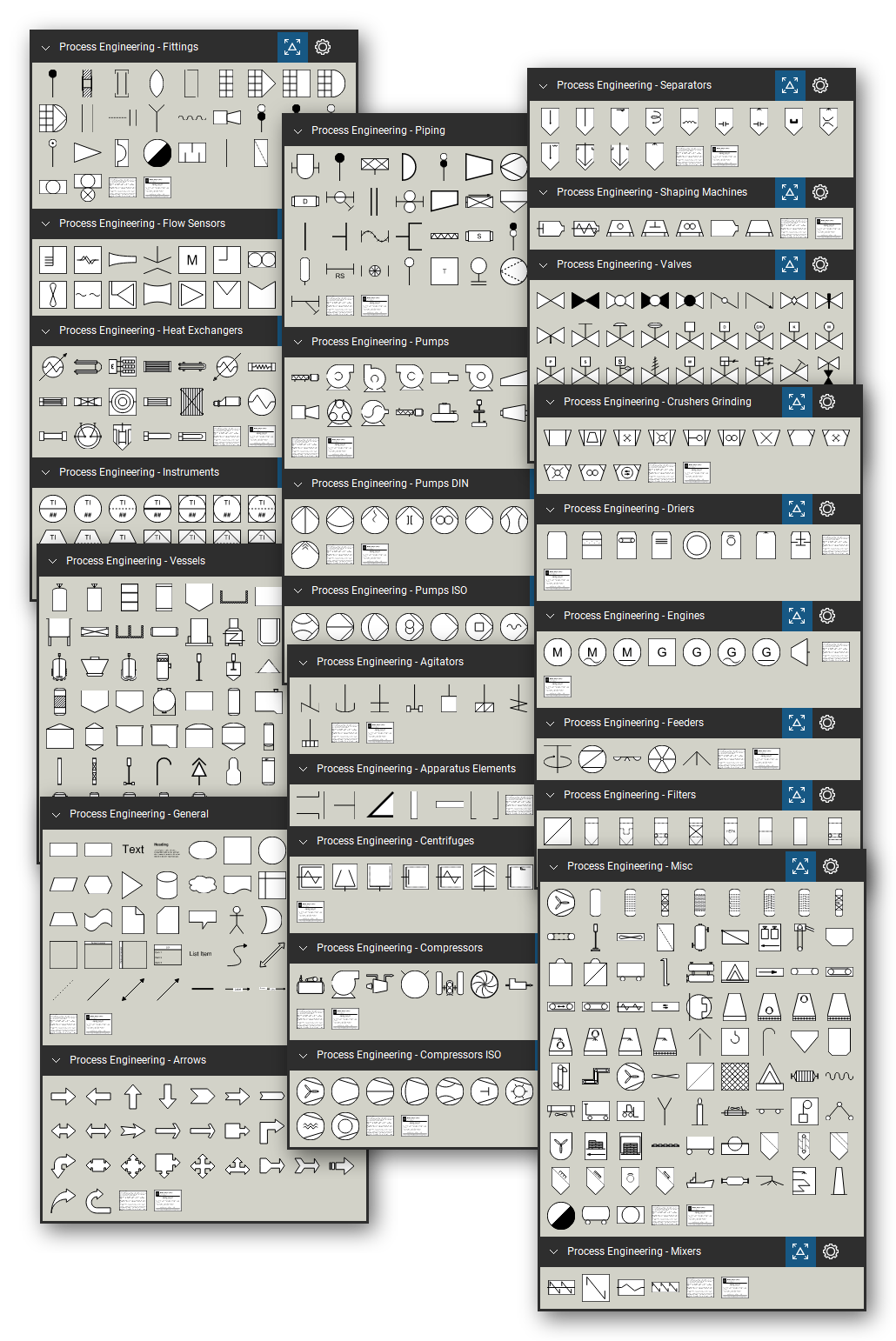 Process engineering symbol library for Bluebeam Revu: 539 P&ID and process flow diagram symbols in 26 tool sets - instruments, valves, pumps, compressors, vessels, heat exchangers, filters, separators, piping, fittings, flow sensors and more - drawn at 1/4" = 1'-0" in black and redline.