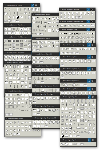 Process engineering symbol library for Bluebeam Revu: 539 P&ID and process flow diagram symbols in 26 tool sets - instruments, valves, pumps, compressors, vessels, heat exchangers, filters, separators, piping, fittings, flow sensors and more - drawn at 1/4" = 1'-0" in black and redline.