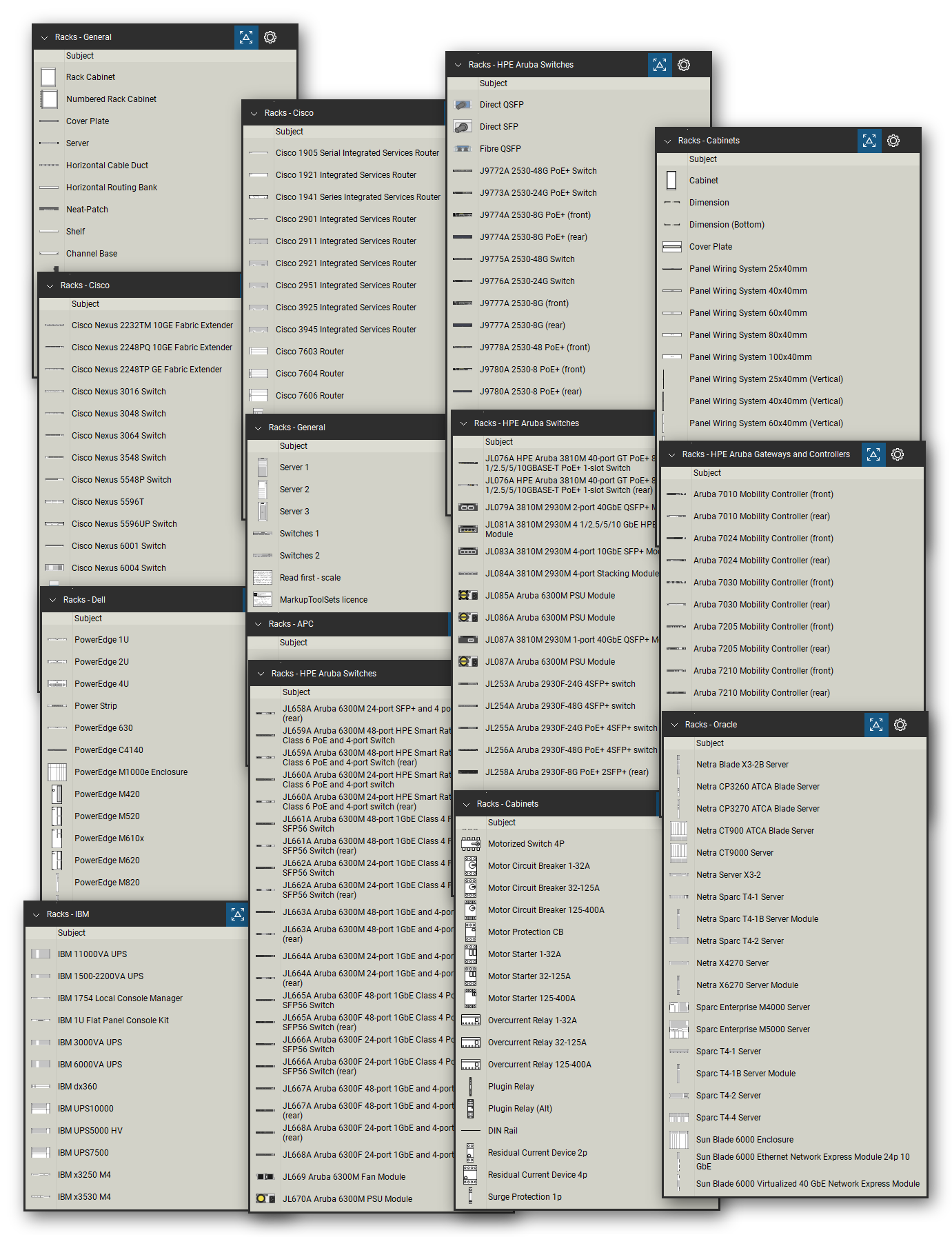 Rack elevation symbol library for Bluebeam Revu: 495 tools in 9 tool sets - generic rack equipment, equipment of APC, Cisco, Dell, HPE Aruba, IBM and Oracle, and the components of electrical cabinets - drawn to real size at 1/4" = 1'-0".