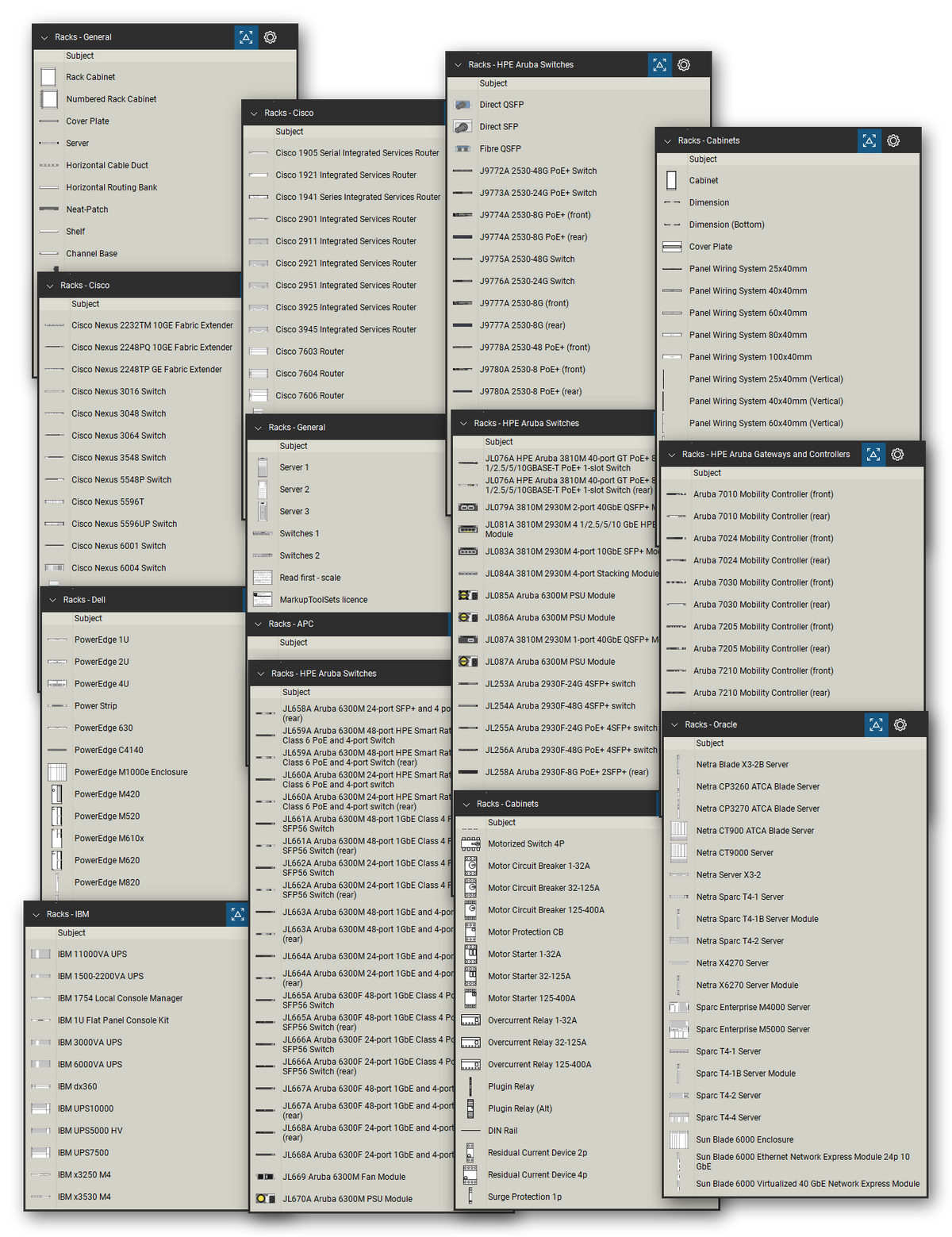 Rack elevation symbol library for Bluebeam Revu: 495 tools in 9 tool sets - generic rack equipment, equipment of APC, Cisco, Dell, HPE Aruba, IBM and Oracle, and the components of electrical cabinets - drawn to real size at 1/4" = 1'-0".