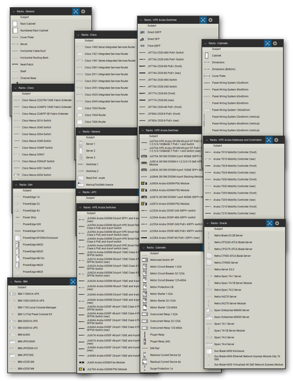 Rack elevation symbol library for Bluebeam Revu: 495 tools in 9 tool sets - generic rack equipment, equipment of APC, Cisco, Dell, HPE Aruba, IBM and Oracle, and the components of electrical cabinets - drawn to real size at 1/4" = 1'-0".
