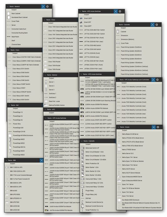Rack elevation symbol library for Bluebeam Revu: 495 tools in 9 tool sets - generic rack equipment, equipment of APC, Cisco, Dell, HPE Aruba, IBM and Oracle, and the components of electrical cabinets - drawn to real size at 1/4" = 1'-0".