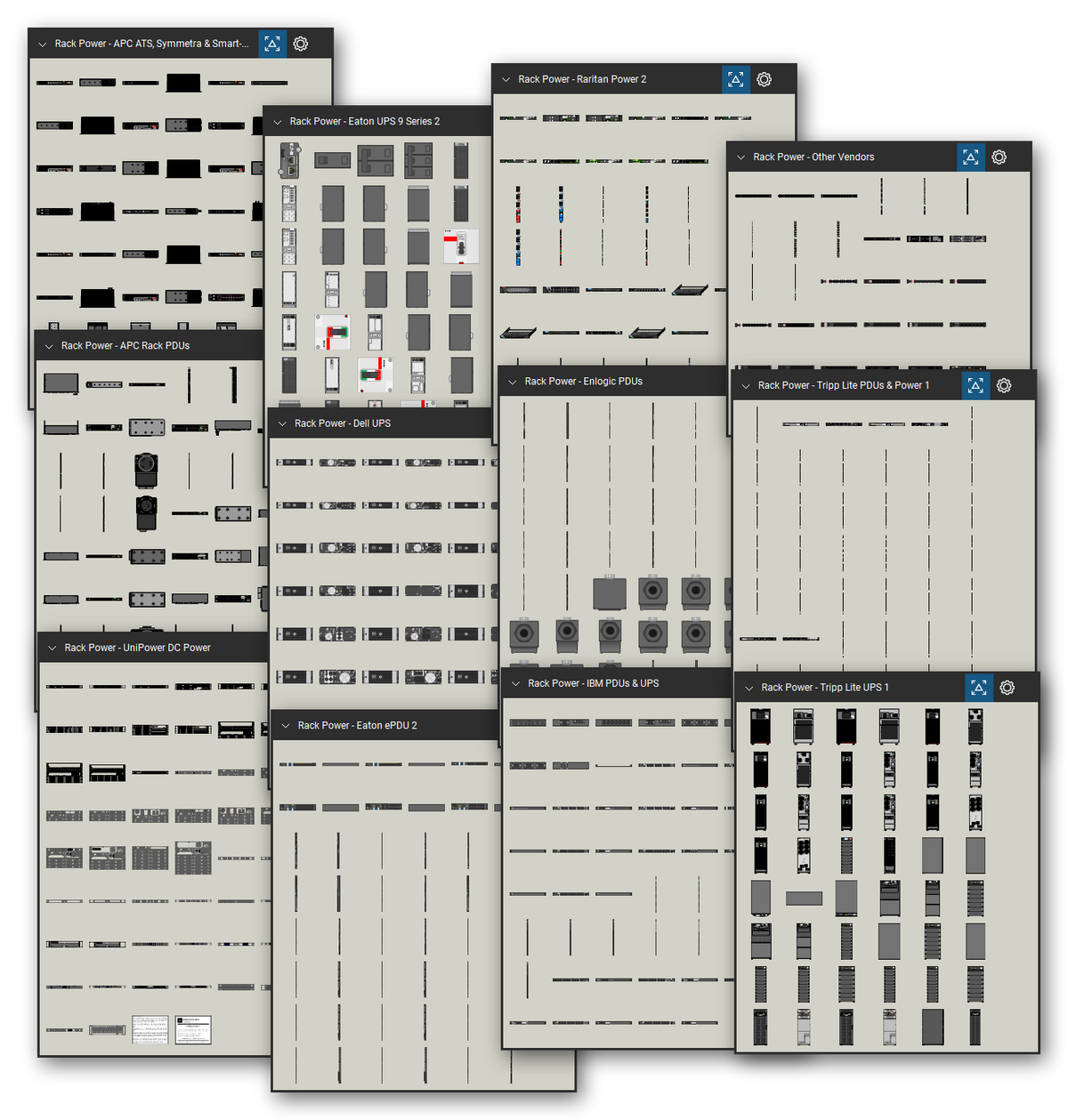 Rack power equipment library for Bluebeam Revu: 4,742 tools in 28 tool sets - rack PDUs, UPS units, automatic transfer switches, battery packs, and DC power and fuse panels. Collage of Tool Chest cards in Symbol view.