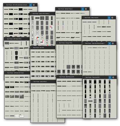 Rack power equipment library for Bluebeam Revu: 4,742 tools in 28 tool sets - rack PDUs, UPS units, automatic transfer switches, battery packs, and DC power and fuse panels. Collage of Tool Chest cards in Symbol view.