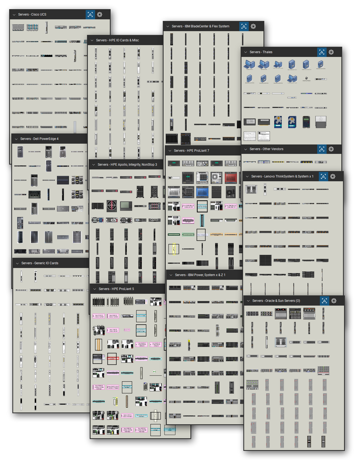 Servers library for Bluebeam Revu: 7,153 tools in 40 tool sets - rack, tower and blade servers, enclosures and chassis, compute nodes, and option cards. Collage of Tool Chest cards in Symbol view.