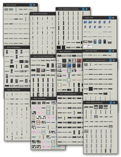 Servers library for Bluebeam Revu: 7,153 tools in 40 tool sets - rack, tower and blade servers, enclosures and chassis, compute nodes, and option cards. Collage of Tool Chest cards in Symbol view.