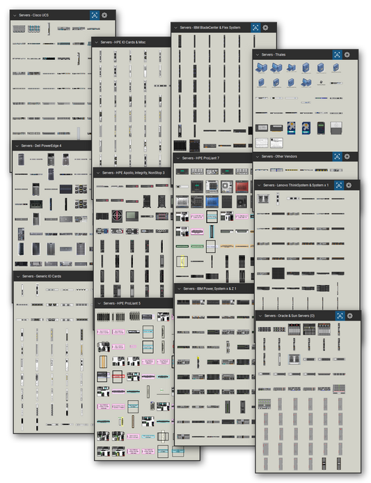 Servers library for Bluebeam Revu: 7,153 tools in 40 tool sets - rack, tower and blade servers, enclosures and chassis, compute nodes, and option cards. Collage of Tool Chest cards in Symbol view.