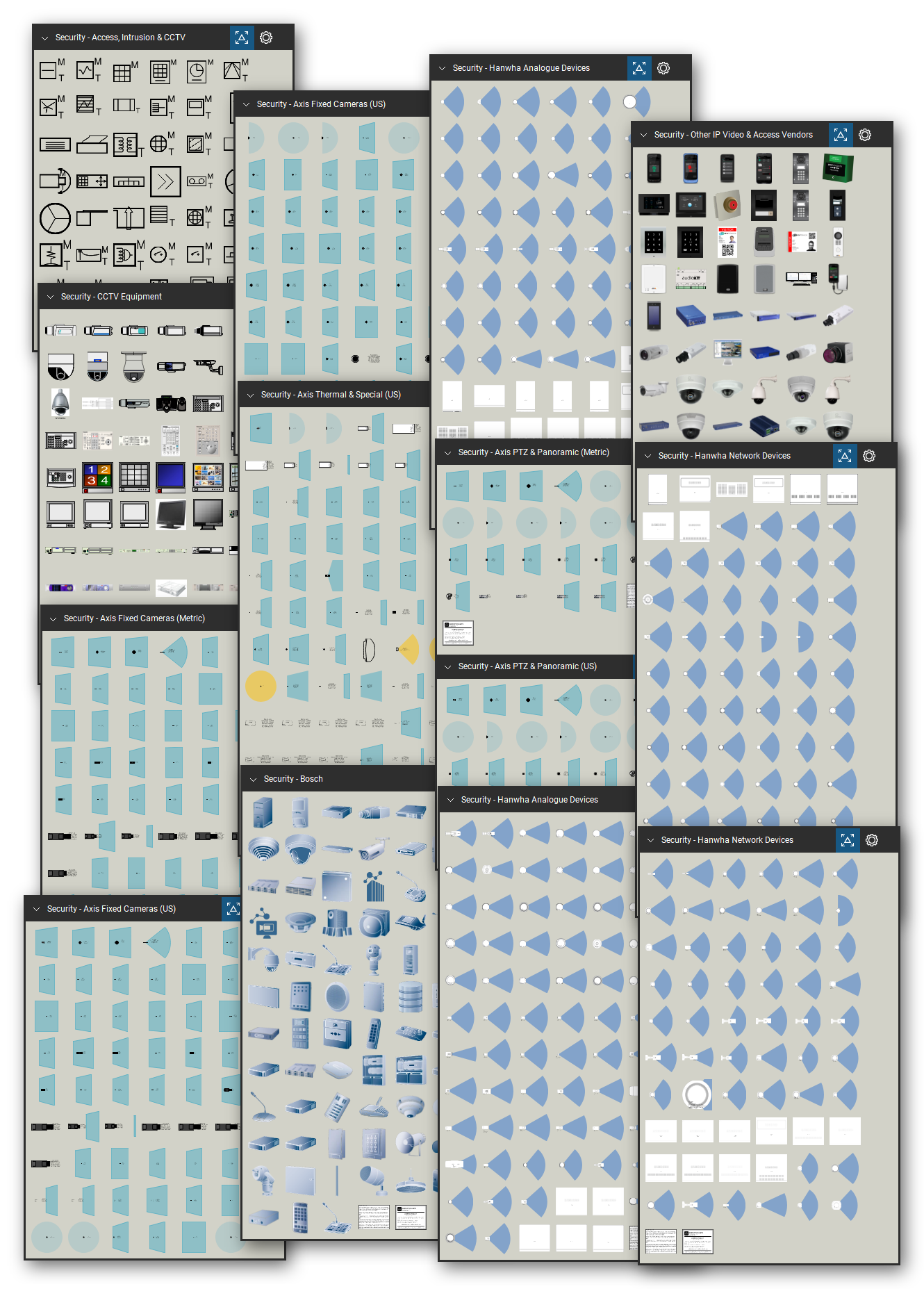Security layout symbols library for Bluebeam Revu: 982 tools in 12 tool sets - access control, intrusion and CCTV devices, and fixed, PTZ, panoramic and thermal cameras. Collage of Tool Chest cards in Symbol view.