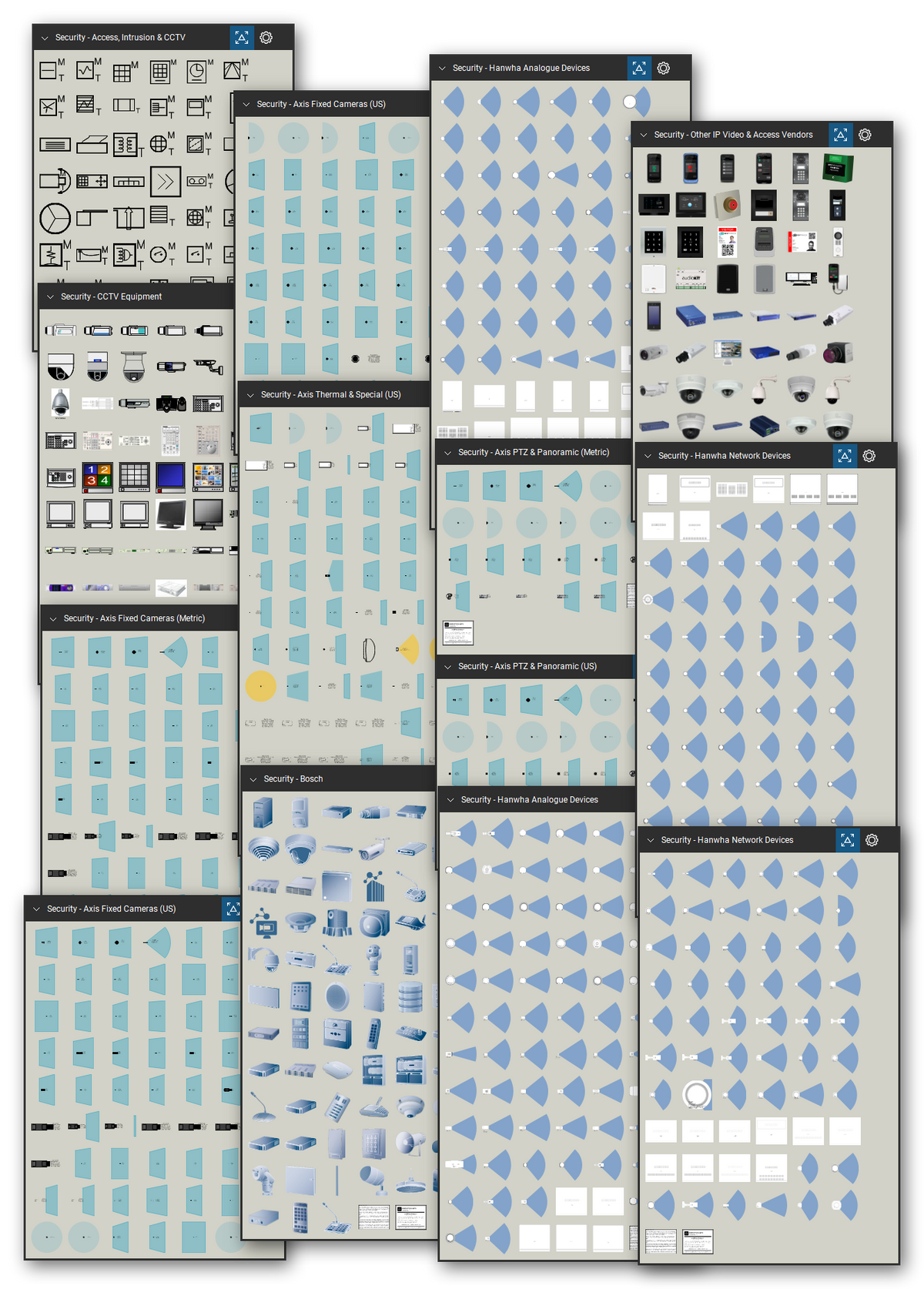 Security layout symbols library for Bluebeam Revu: 982 tools in 12 tool sets - access control, intrusion and CCTV devices, and fixed, PTZ, panoramic and thermal cameras. Collage of Tool Chest cards in Symbol view.