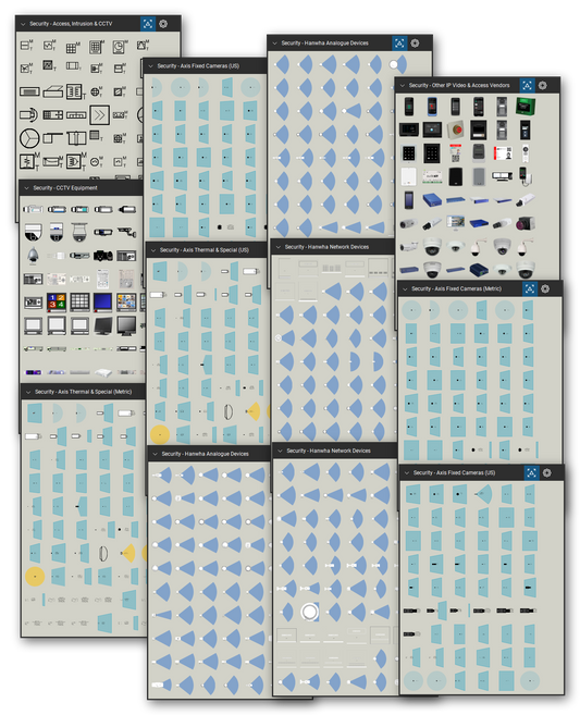 Security layout symbols library for Bluebeam Revu: 982 tools in 12 tool sets - access control, intrusion and CCTV devices, and fixed, PTZ, panoramic and thermal cameras. Collage of Tool Chest cards in Symbol view.