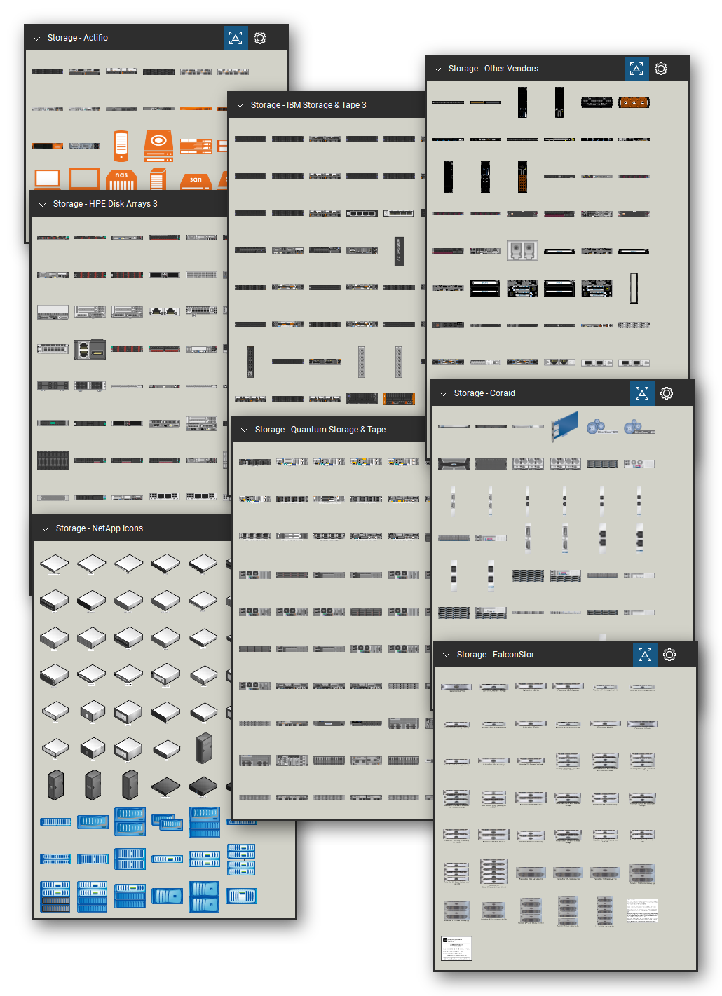 Storage equipment library for Bluebeam Revu: 6,662 tools in 50 tool sets - disk arrays and shelves, NAS and SAN systems, hyperconverged nodes, tape libraries, and backup appliances. Collage of Tool Chest cards in Symbol view.