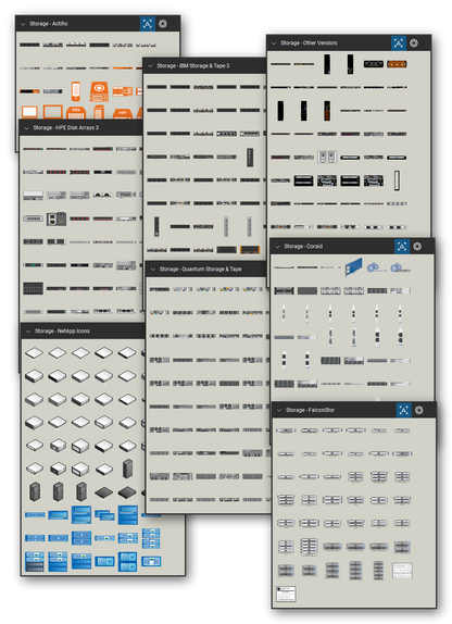Storage equipment library for Bluebeam Revu: 6,662 tools in 50 tool sets - disk arrays and shelves, NAS and SAN systems, hyperconverged nodes, tape libraries, and backup appliances. Collage of Tool Chest cards in Symbol view.