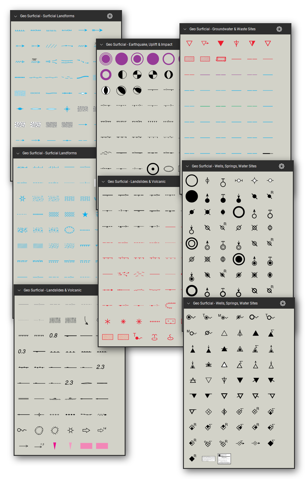 Surficial geology, hazard and hydrogeology map symbols for Bluebeam Revu: 540 tools in 5 tool sets following the FGDC Digital Cartographic Standard for Geologic Map Symbolization (FGDC-STD-013-2006) - fluvial, glacial, periglacial, lacustrine, marine and eolian landforms, landslides, volcanic features, earthquake, uplift and impact features, wells, springs and water sites, groundwater lines and waste sites. Collage of Tool Chest cards in Symbol view.