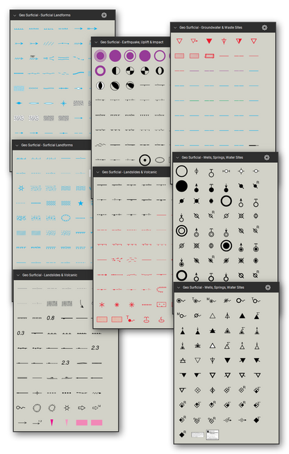 Surficial geology, hazard and hydrogeology map symbols for Bluebeam Revu: 540 tools in 5 tool sets following the FGDC Digital Cartographic Standard for Geologic Map Symbolization (FGDC-STD-013-2006) - fluvial, glacial, periglacial, lacustrine, marine and eolian landforms, landslides, volcanic features, earthquake, uplift and impact features, wells, springs and water sites, groundwater lines and waste sites. Collage of Tool Chest cards in Symbol view.