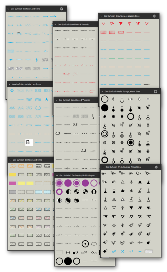 Surficial geology, hazard and hydrogeology map symbols for Bluebeam Revu: 540 tools in 5 tool sets following the FGDC Digital Cartographic Standard for Geologic Map Symbolization (FGDC-STD-013-2006) - fluvial, glacial, periglacial, lacustrine, marine and eolian landforms, landslides, volcanic features, earthquake, uplift and impact features, wells, springs and water sites, groundwater lines and waste sites. Collage of Tool Chest cards in Symbol view.