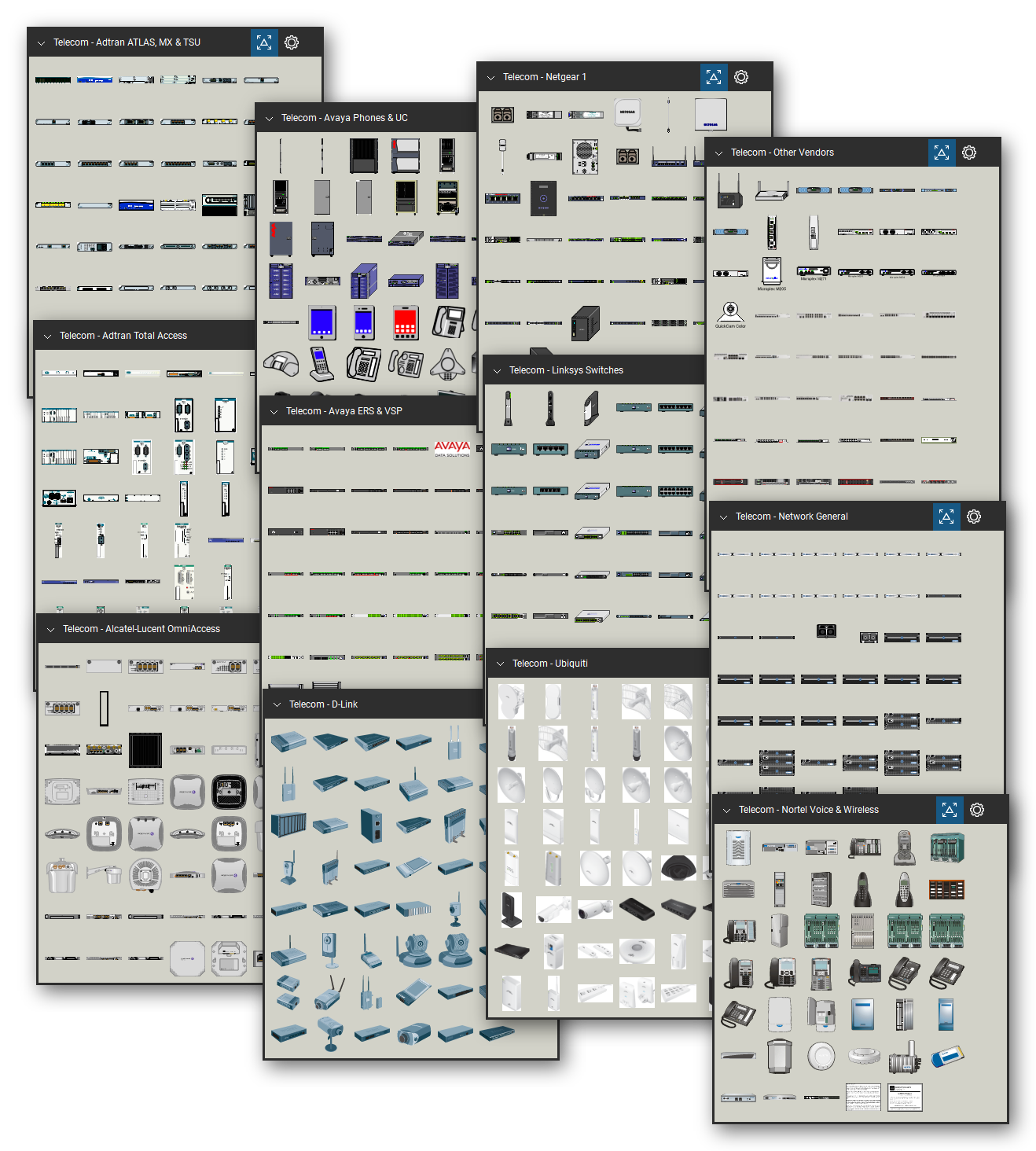 Telecom and voice equipment library for Bluebeam Revu: 3,903 tools in 34 tool sets - access and carrier equipment, PBX systems and phones, enterprise switches, wireless access points, and small office routers. Collage of Tool Chest cards in Symbol view.
