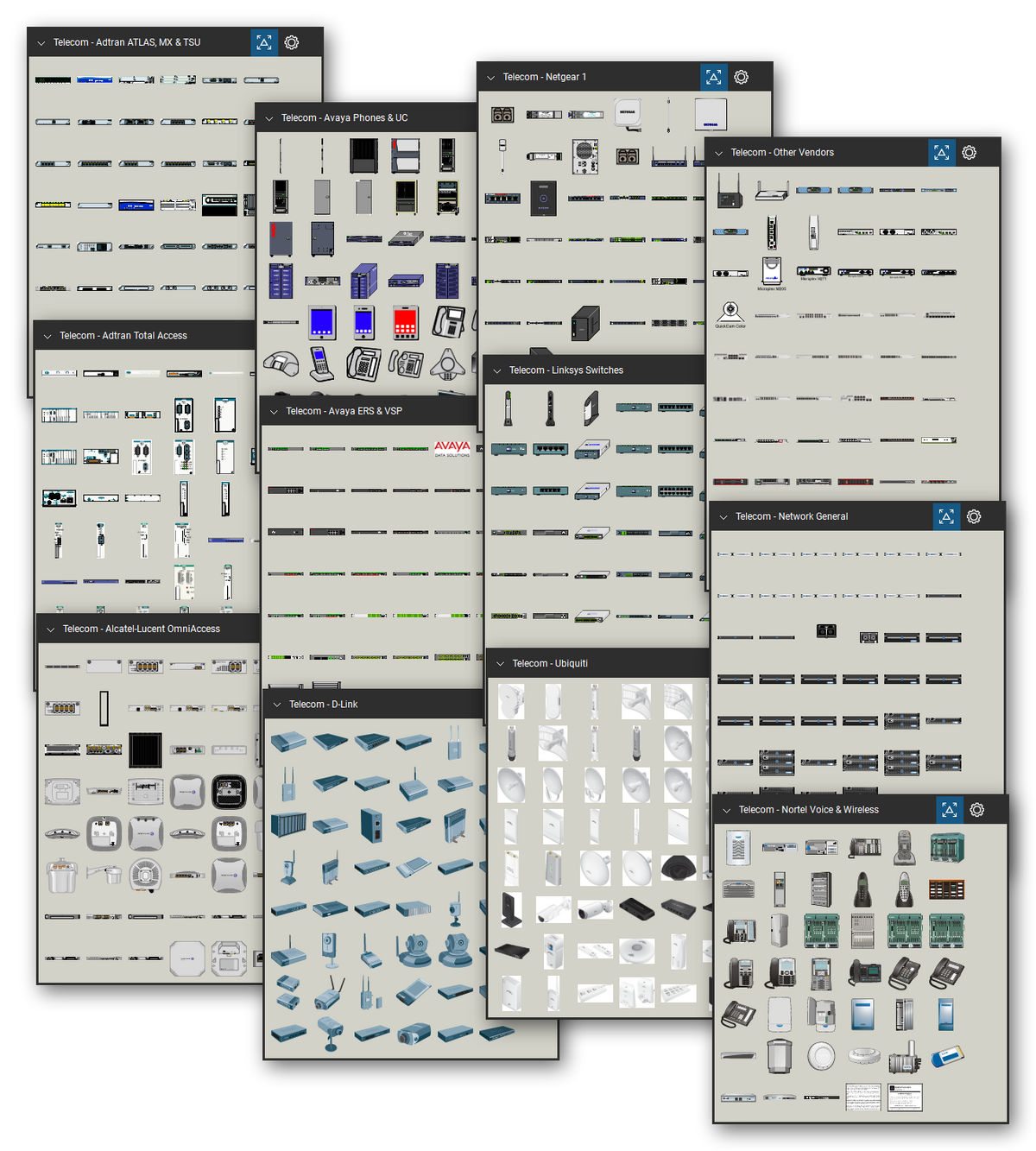 Telecom and voice equipment library for Bluebeam Revu: 3,903 tools in 34 tool sets - access and carrier equipment, PBX systems and phones, enterprise switches, wireless access points, and small office routers. Collage of Tool Chest cards in Symbol view.