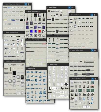 Telecom and voice equipment library for Bluebeam Revu: 3,903 tools in 34 tool sets - access and carrier equipment, PBX systems and phones, enterprise switches, wireless access points, and small office routers. Collage of Tool Chest cards in Symbol view.