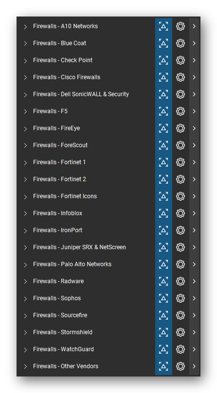 The Bluebeam Revu Tool Chest with the 21 tool sets of the Firewalls & Security Appliances tool set loaded, closed to the set titles.