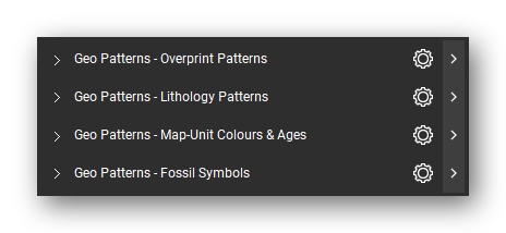 The Bluebeam Revu Tool Chest with the 4 tool sets of the Geologic Hatch Patterns & Map Units tool set loaded, closed to the set titles: Overprint Patterns, Lithology Patterns, Map-Unit Colors & Ages and Fossil Symbols.