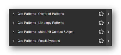 The Bluebeam Revu Tool Chest with the 4 tool sets of the Geologic Hatch Patterns & Map Units tool set loaded, closed to the set titles: Overprint Patterns, Lithology Patterns, Map-Unit Colors & Ages and Fossil Symbols.