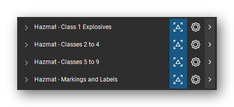 The Bluebeam Revu Tool Chest with the 4 tool sets of the Hazmat Symbols tool set loaded, closed to the set titles: class 1 explosives, classes 2 to 4, classes 5 to 9, and markings and labels.