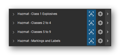 The Bluebeam Revu Tool Chest with the 4 tool sets of the Hazmat Symbols tool set loaded, closed to the set titles: class 1 explosives, classes 2 to 4, classes 5 to 9, and markings and labels.