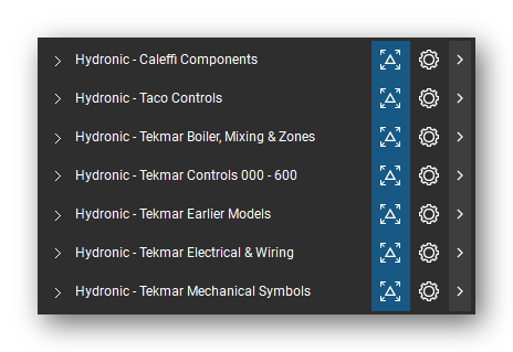 The Bluebeam Revu Tool Chest with the 7 tool sets of the Hydronic Heating & Controls tool set loaded, closed to the set titles.