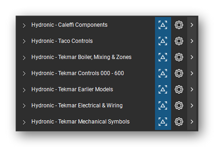 The Bluebeam Revu Tool Chest with the 7 tool sets of the Hydronic Heating & Controls tool set loaded, closed to the set titles.