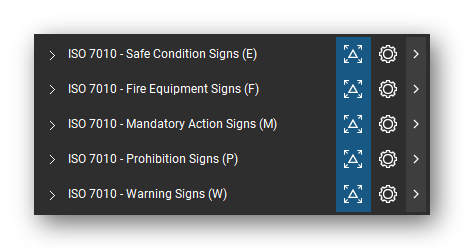 The Bluebeam Revu Tool Chest with the 5 tool sets of the ISO 7010 Safety Signs tool set loaded, closed to the set titles: safe condition, fire equipment, mandatory action, prohibition and warning signs.