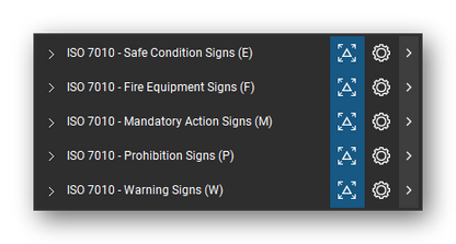 The Bluebeam Revu Tool Chest with the 5 tool sets of the ISO 7010 Safety Signs tool set loaded, closed to the set titles: safe condition, fire equipment, mandatory action, prohibition and warning signs.