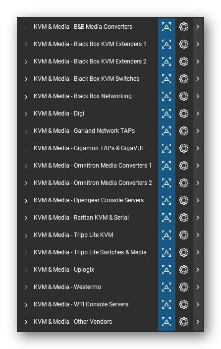 The Bluebeam Revu Tool Chest with the 18 tool sets of the KVM, Console Servers & Media Converters tool set loaded, closed to the set titles.