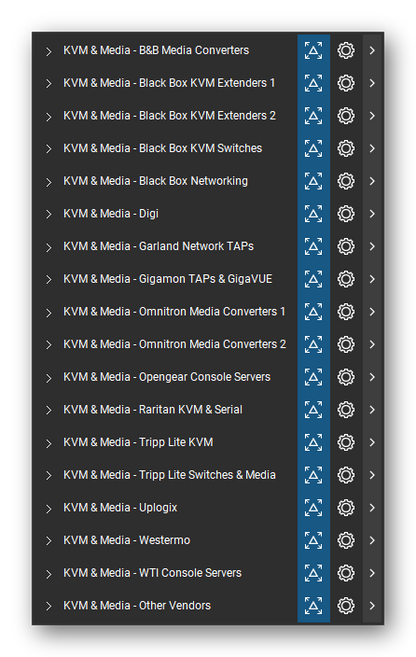 The Bluebeam Revu Tool Chest with the 18 tool sets of the KVM, Console Servers & Media Converters tool set loaded, closed to the set titles.