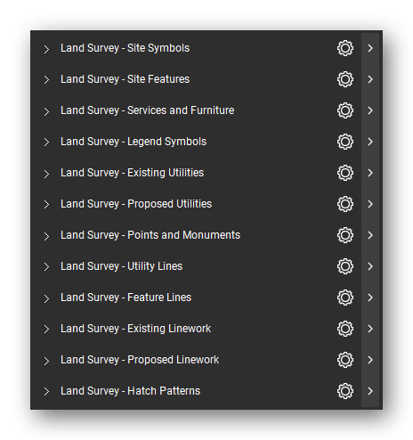The Bluebeam Revu Tool Chest with the 12 tool sets of the Land Survey tool set loaded, closed to the set titles.